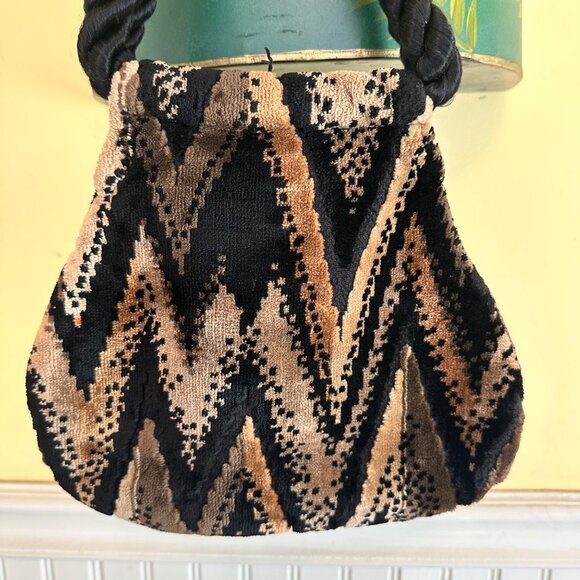 Carpetbags of American Velvet Chevron Print Handbag Mini Rope Handle Vintage - Picture 4 of 8